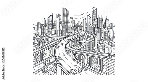 Bilde på lerret Modern city skyline with winding highway overpasses and traffic