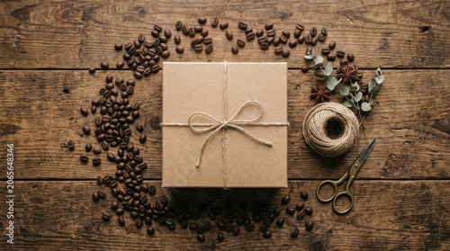 Wrapped gift box on rustic wooden table with coffee beans and twine