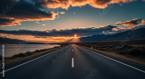 Long straight road leading to the horizon at sunset with dramatic clouds and mountains