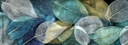 Close Up Of Translucent Leaves With Glowing Veins In Deep Blue Teal And Yellow Tones Illuminated By Soft Light Creating An Abstract Natural Pattern