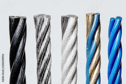 Close Up Of Twisted Cables In Black White Blue Gold And Silver Colors Against A Plain White Background Showing Detailed Texture And Material