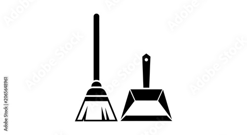 Black and white silhouette icon of a household broom and dustpan for cleaning.
