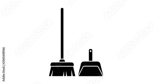 Black silhouette icon of a broom and dustpan for cleaning.