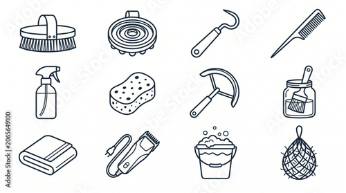 Set of Horse Grooming and Care Tool Icons in Line Art Style