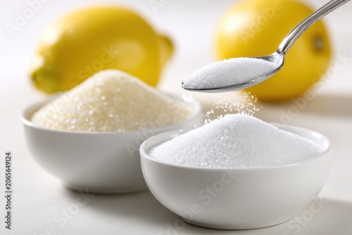 Close-up of two white bowls filled with granulated sugar and salt with two yellow lemons in the background and a spoon pouring sugar into the bowl in a bright studio setting