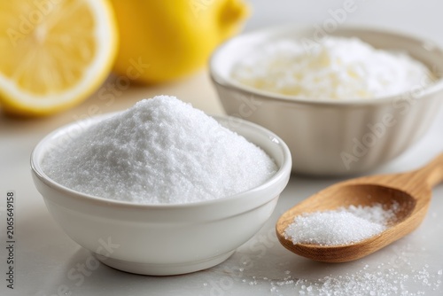 Close up of two white bowls filled with white crystalline salt and a wooden scoop next to sliced lemons and a whole lemon on a white marble surface with soft natural lighting