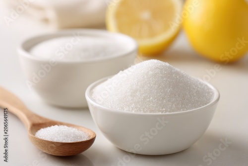 Close-up of Two White Bowls Filled with Granulated White Sugar and a Half Lemon and a Whole Lemon on a White Surface with Soft Lighting and a Wooden Spoon