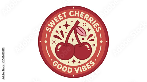 Retro badge style design with cherries and sweet vibes text.