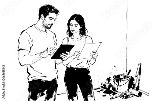 Couple reviewing renovation plans paint supplies
