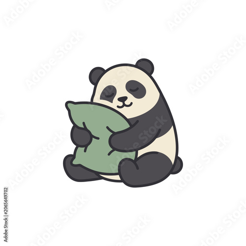 Cute cartoon panda bear hugging a soft pillow.