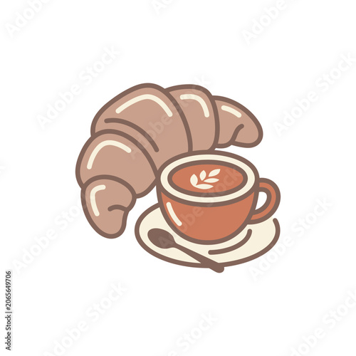 Cute hand drawn illustration of a fresh croissant and a warm cup of coffee.