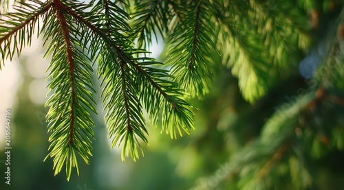 Close up of vibrant green pine tree branches with sunlit needles and a soft bokeh background of forest light creating a serene natural atmosphere