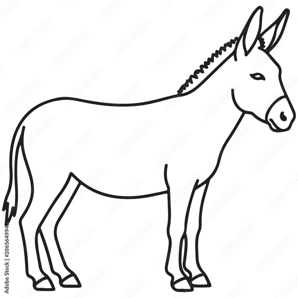 Fototapeta premium Donkey line art vector illustration with black outline for coloring page and farm animal educational material