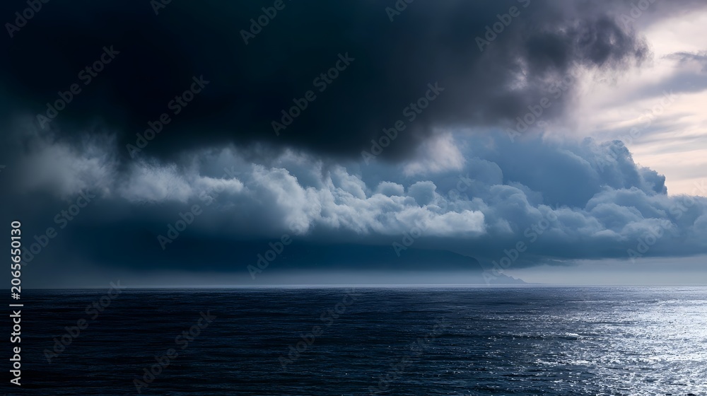 Fototapeta premium Dramatic storm clouds gather over the ocean creating a moody and glistening seascape with rolling mist
