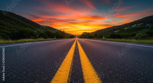 Scenic highway stretches into the distance during a vibrant sunset with colorful sky