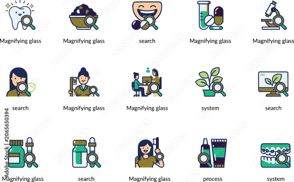 Fototapeta premium Magnifying glass icons, science research analysis, technology system process, dental health