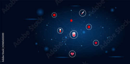 Abstract digital network background with medical icons including blood bag, test tube, syringe, cross, and heart, symbolizing healthcare connectivity and scientific research.