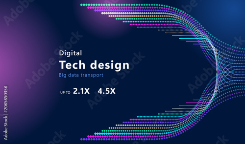 Abstract digital tech design showing big data transport with vibrant dots forming flowing lines, representing speed and efficiency up to 2.1X, 4.5X.