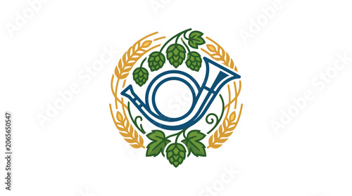 Minimalist flat design 2D logo icon of traditional Bavarian hunting horn for Oktoberfest Germany festival tourism concept