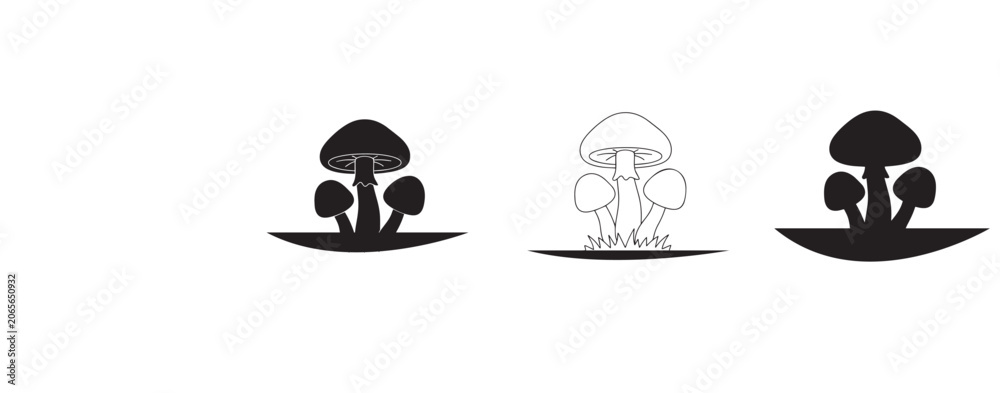Εκτύπωση καμβά Three vector illustrations of mushrooms on a white background are shown, featuring varying levels of detail and shading