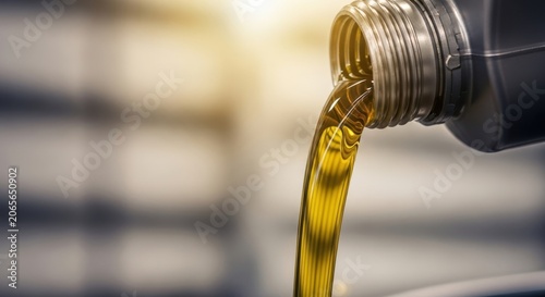 Close up of fresh motor oil pouring from a black bottle into a car engine