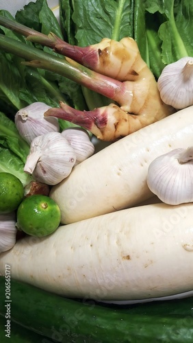 Close-up of mixed fresh ingredients vegetables for cooking