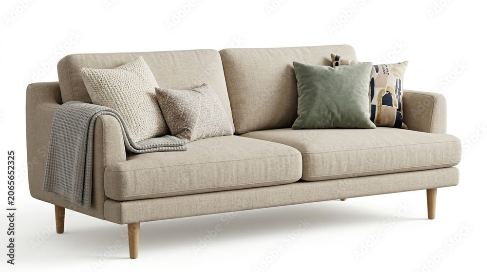 Fototapeta premium Modern Beige Fabric Sofa with Pillows and Blanket Isolated