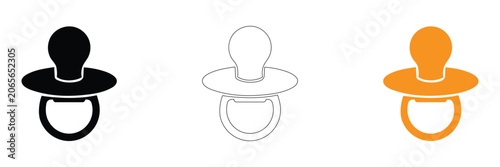 Slika na platnu Three pacifier icons in black, Line art, And orange on white background for baby