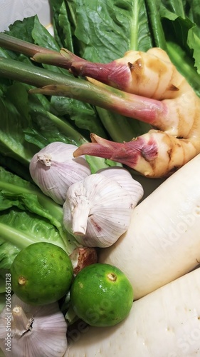 Close-up of mixed fresh ingredients vegetables for cooking