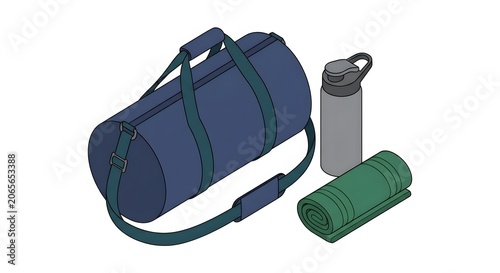 Isometric illustration of a blue athletic duffel bag with dark teal straps, a grey reusable water bottle, and a rolled green yoga mat isolated on a minimalist white background.