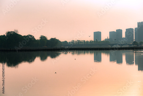 Lakeside Residential Buildings at Morning & Dusk, Urban Waterside Ecological Scenery