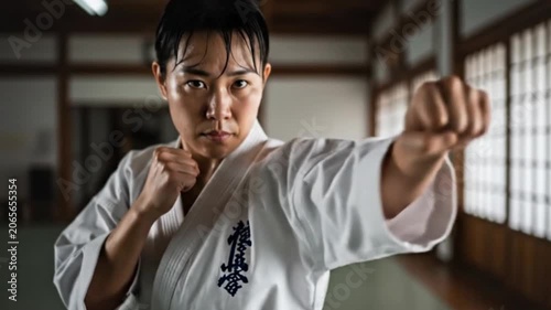 Confident female karate fighter executing strong punch forward in traditional Japanese dojo with tatami mats. Martial arts style.