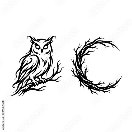 Photos Tribal owl perched on branch and bare tree silhouette graphic with silhouette