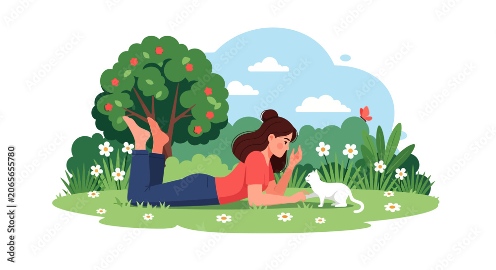 Fototapeta premium Flat vector illustration of a young woman lying on grass playing with a white cat in a sunny garden with flowers, trees, and butterfly under a blue sky on a white background.