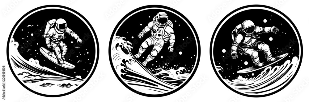 Obraz premium Three monochrome circular designs of astronauts surfing cosmic waves. Vector-style illustrations for t-shirts, stickers, and creative branding.