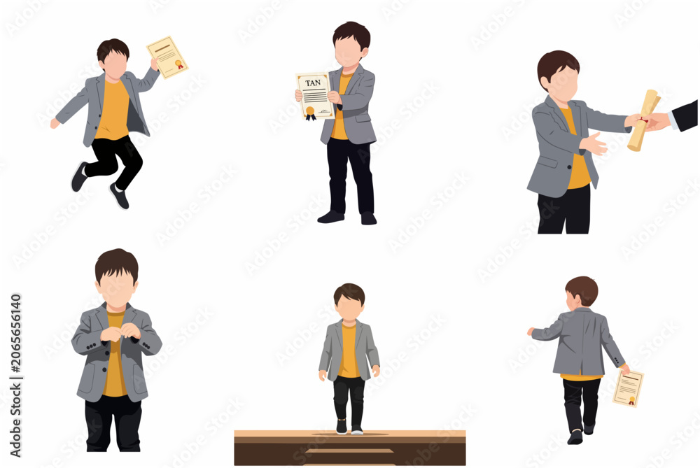 Fototapeta premium Successful Little Boy Character Set Holding Graduation Certificate and Receiving Award, Smart Kid in Suit Vector Illustration