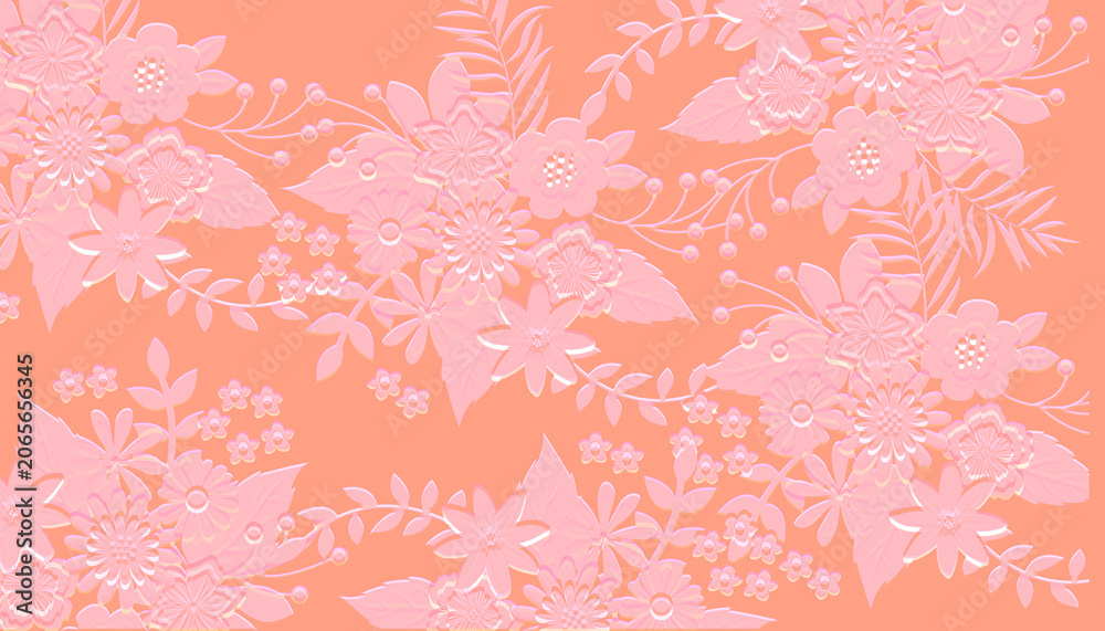 Fototapeta premium Elegant peach seamless floral pattern featuring a 3D embossed texture pink background with layered leaf and flowers shapes.