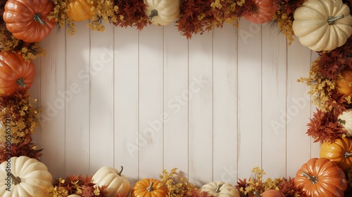 Decorative autumn harvest pumpkins and fall foliage arranged on a light wooden plank background border