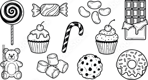 Hand Drawn Sweet Candy Dessert Icon Set with Cute Treats