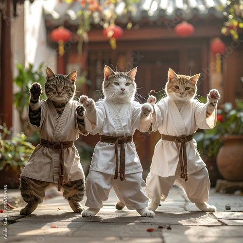 Three cats in martial arts uniforms pose in a garden