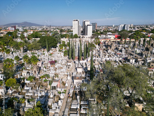 Obraz na plátně Expansive aerial view of Mezquitan Pantheon Cemetery in historic Guadalajara, Mexico