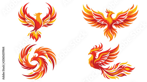 Phoenix bird logo set, mythical fire bird vector illustrations, 4 flaming phoenix icons in red and orange, rebirth and power symbols for branding