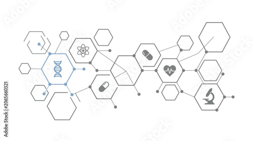 Medical science hexagonal network vector, biotechnology dna and healthcare icons, abstract molecular structure for pharmaceutical research
