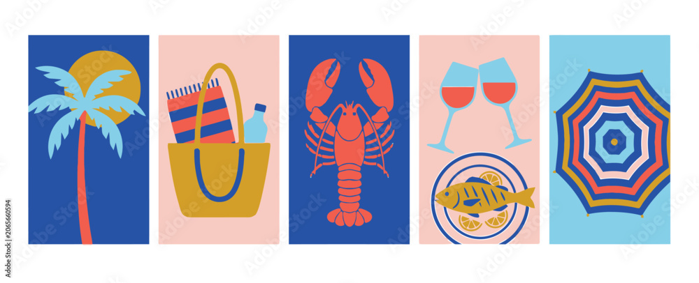 Fototapeta premium Retro summer vacation vector set, tropical beach holiday icons with lobster and palm tree, coastal lifestyle illustrations for travel posters