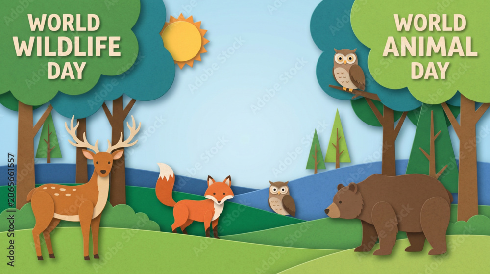 Fototapeta premium World Wildlife Day and World Animal Day concept illustration with forest animals in paper cut style.