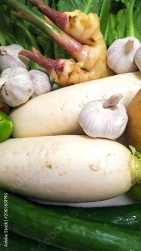 Close-up of mixed fresh ingredients vegetables for cooking
