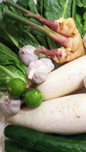 Close-up of mixed fresh ingredients vegetables for cooking