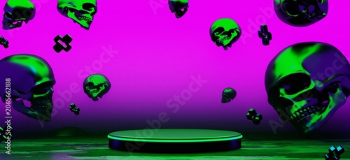 abstract backgound video game of scifi gaming cyberpunk, vr virtual reality simulation and metaverse, scene stand pedestal stage, 3d illustration rendering, futuristic neon glow room
