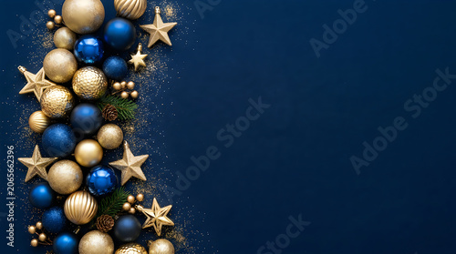 Luxury christmas decorations with golden stars and blue ornaments side border