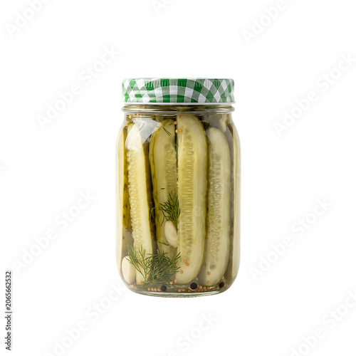 Pickled cucumber in a glass jar with herbs